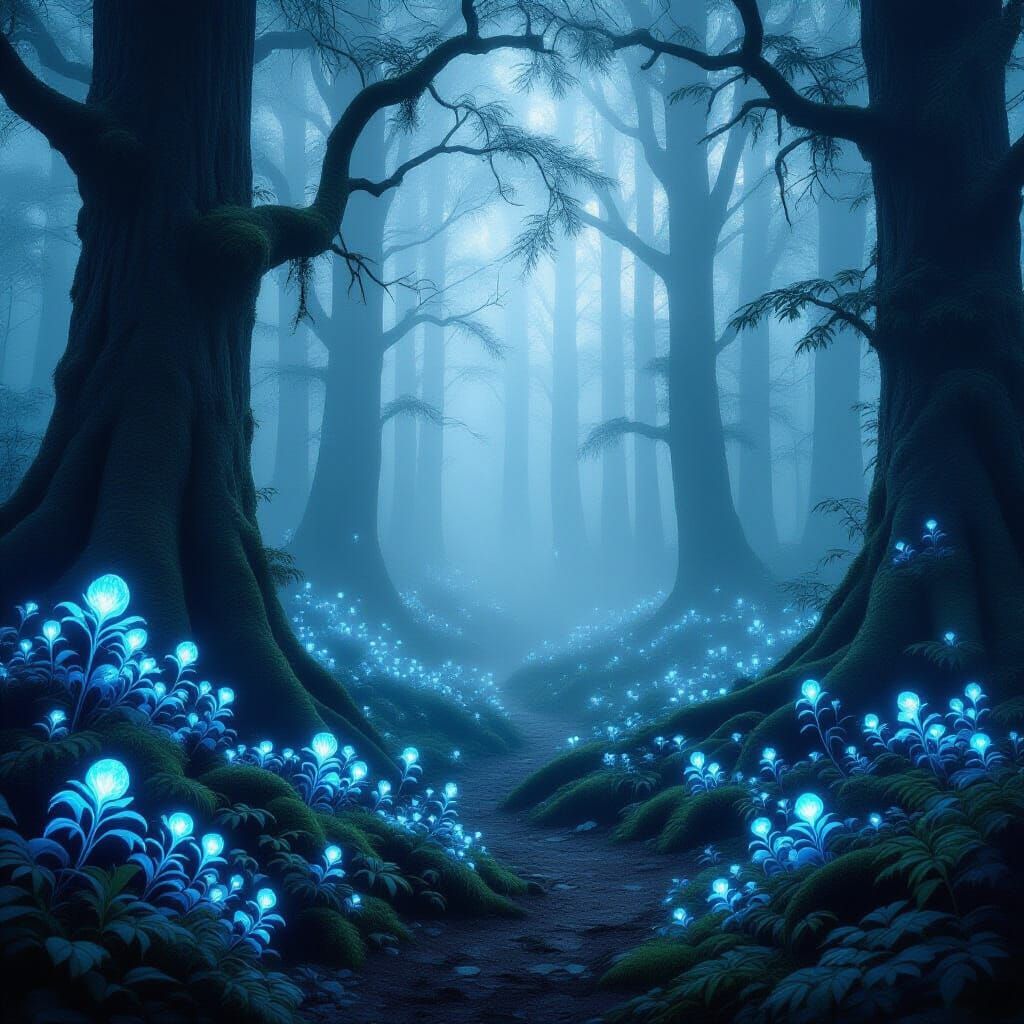Enchanted Glowing Forest with Luminescent Flora