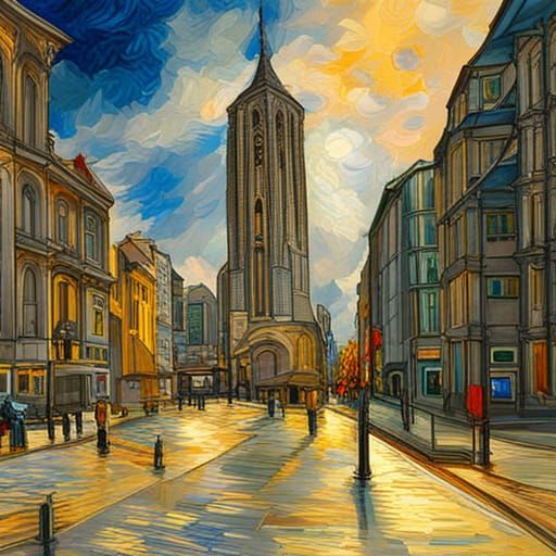 Cathedrals and Cyberpunk Landscape in Van Gogh Style