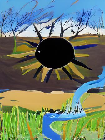 Surreal Landscape with Black Sun and Blue Sky