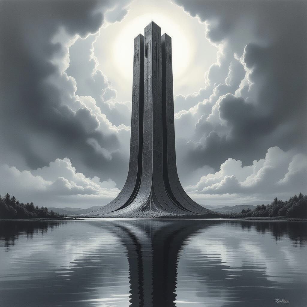 Ominous Tower Reflected as Detailed Pencil Drawing