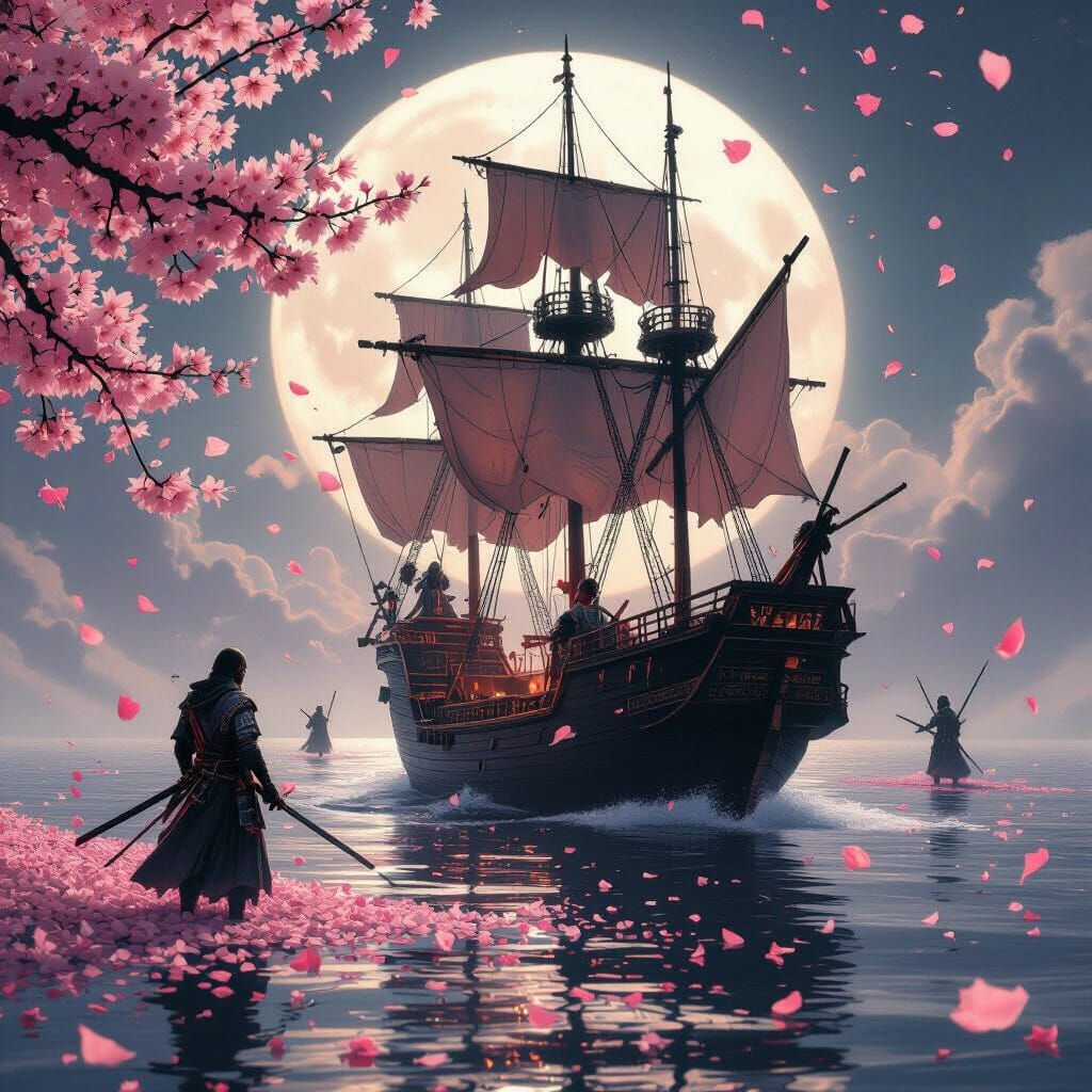 Ethereal Pirate Ship Sailing a Cherry Blossom Sea