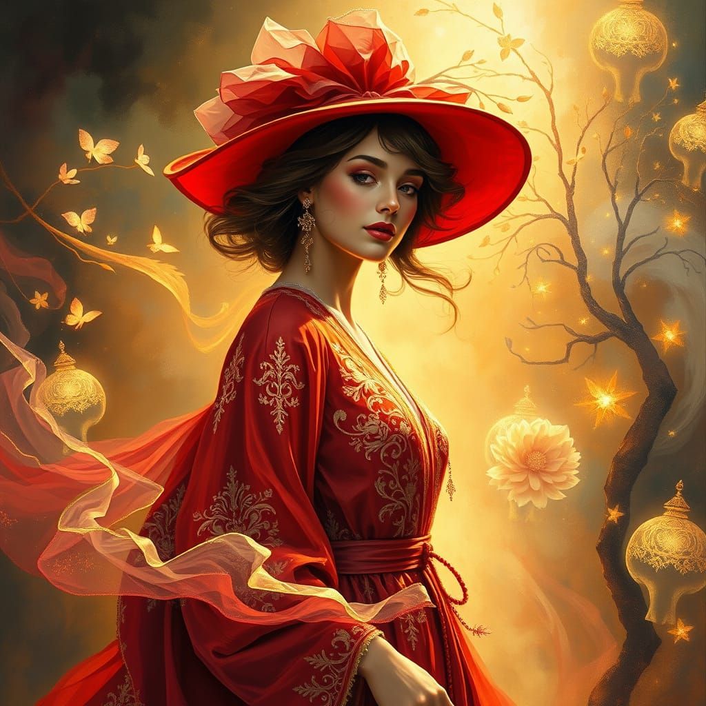 Dreamlike Portrait of a Woman in Crimson Robe