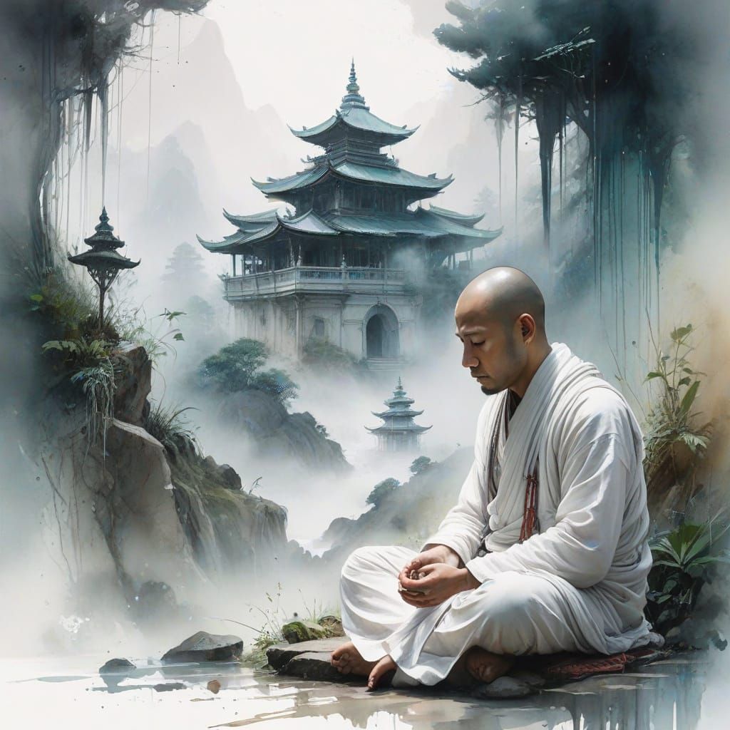 Ethereal Himalayan Temple in Misty Splendor