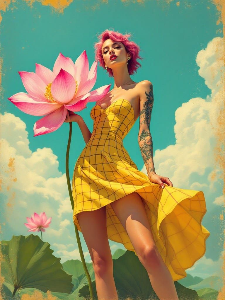 Woman with Pink Lotus in Art Deco Street Art Style