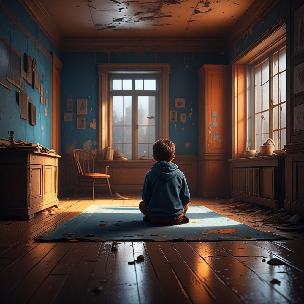 Child Sits Alone in Desolate Room, Fantasy Concept Art