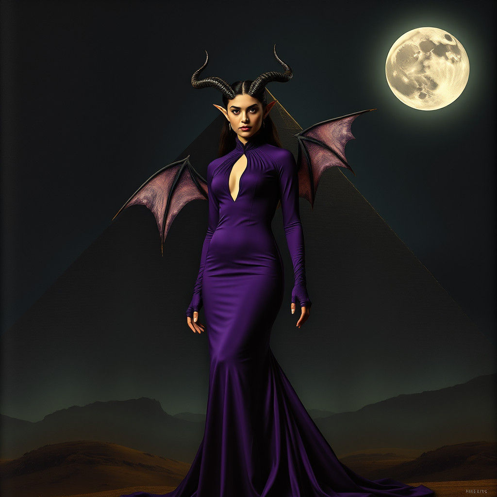 Mystical Woman with Horns Before Dark Pyramid