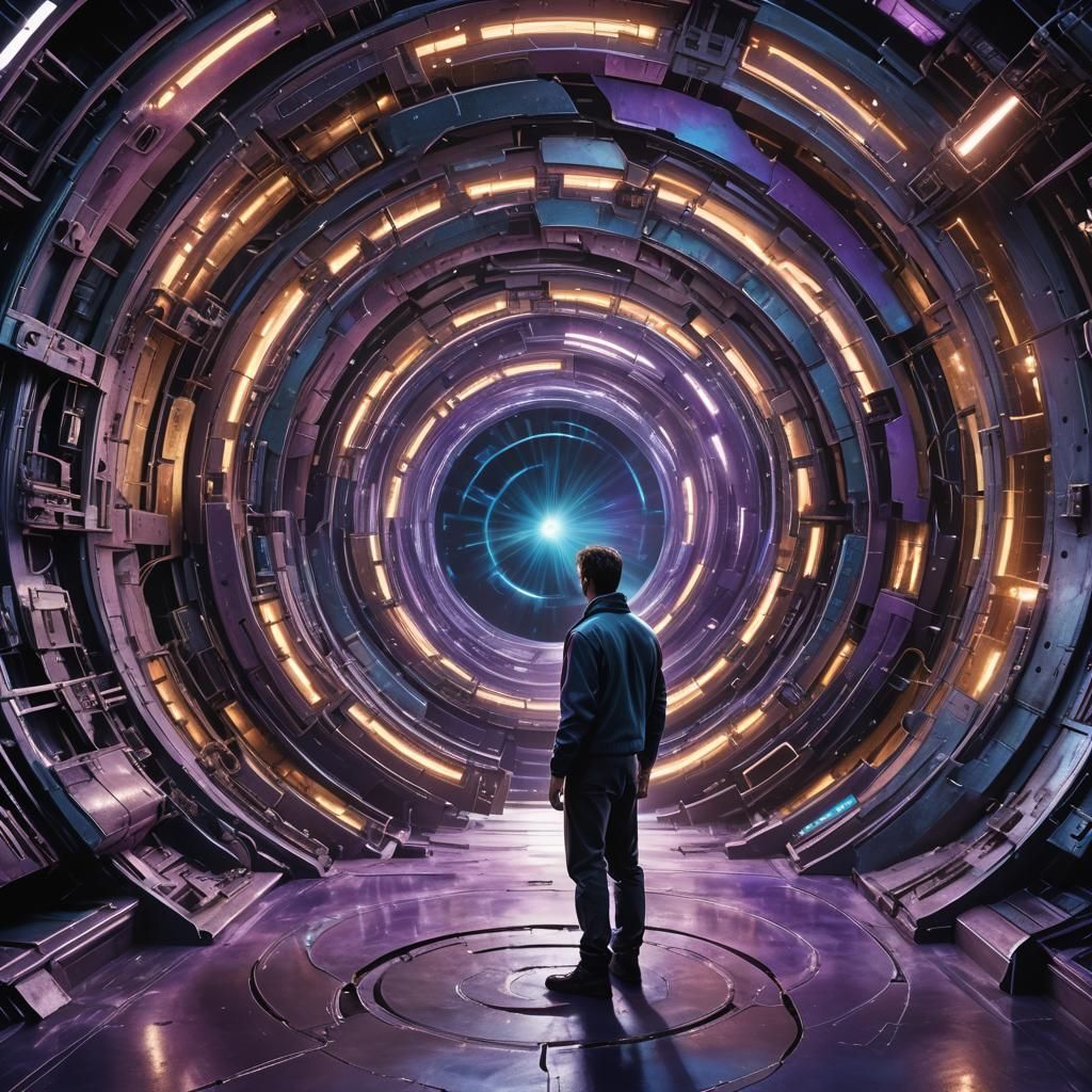 Time Traveler at Wormhole in Sci-Fi Landscape