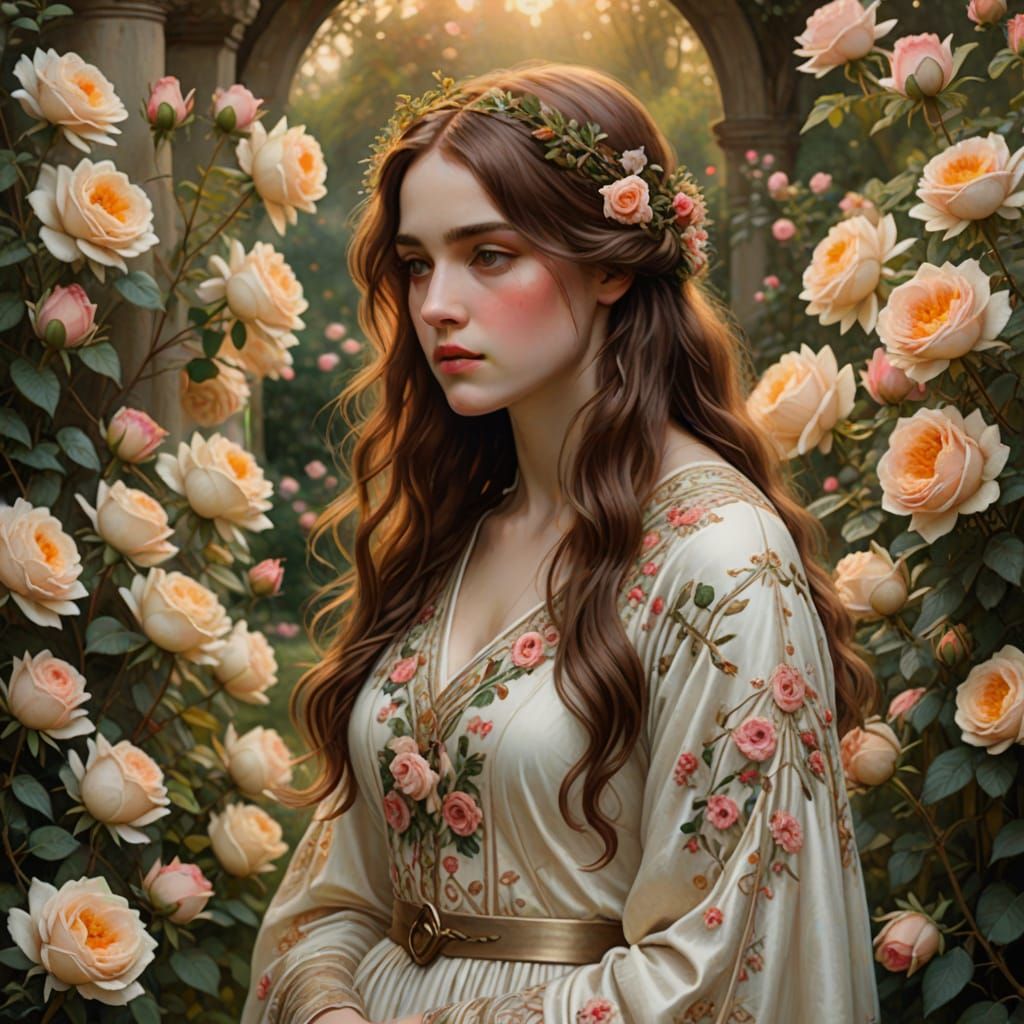 Elegant Lady in a Lush English Rose Garden