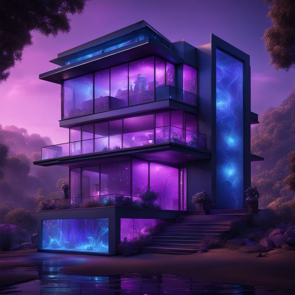 Maximalist Modern House with Purple and Blue Lights