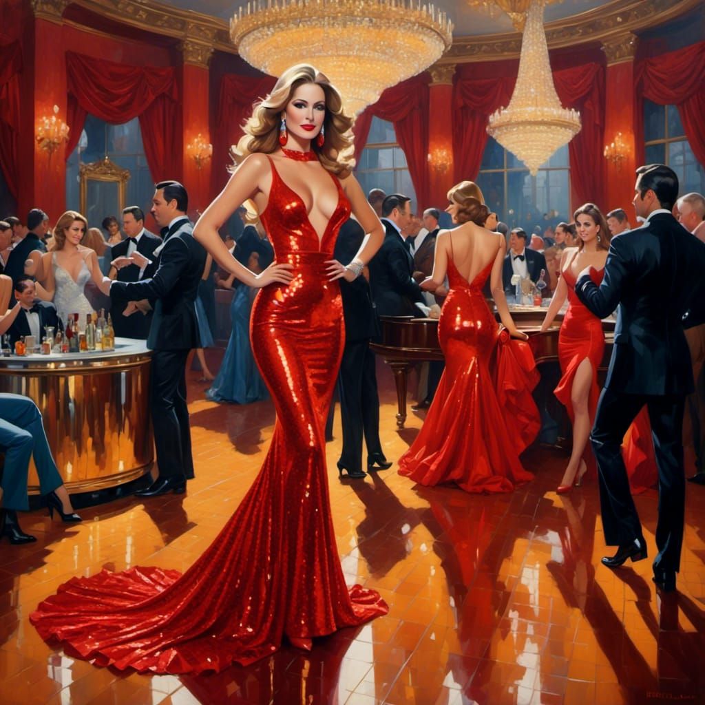 Woman in Red Dress Dancing in Disco Nightclub