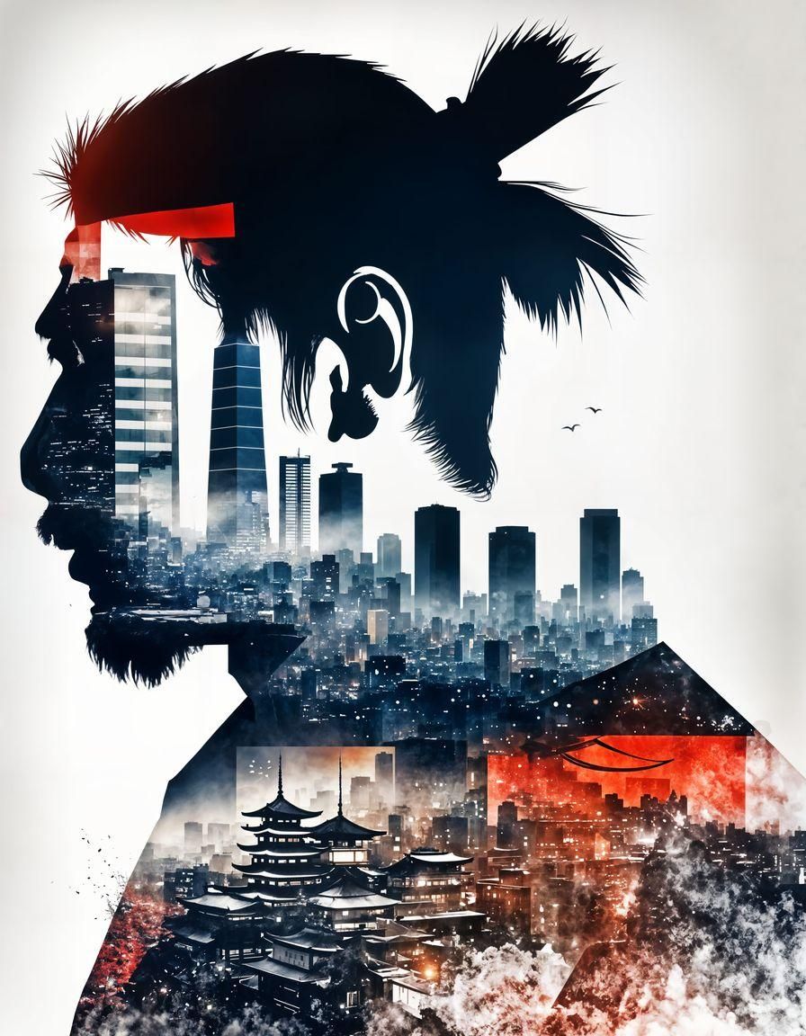 Samurai Silhouette Meets Modern Tokyo: Double Exposure