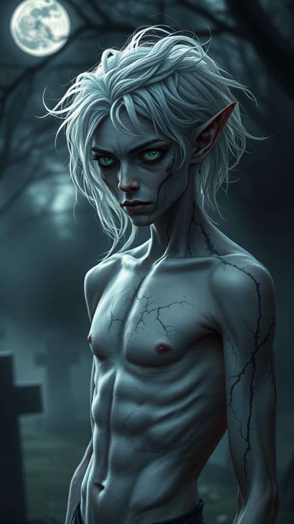 Gothic Elf in Moonlit Graveyard