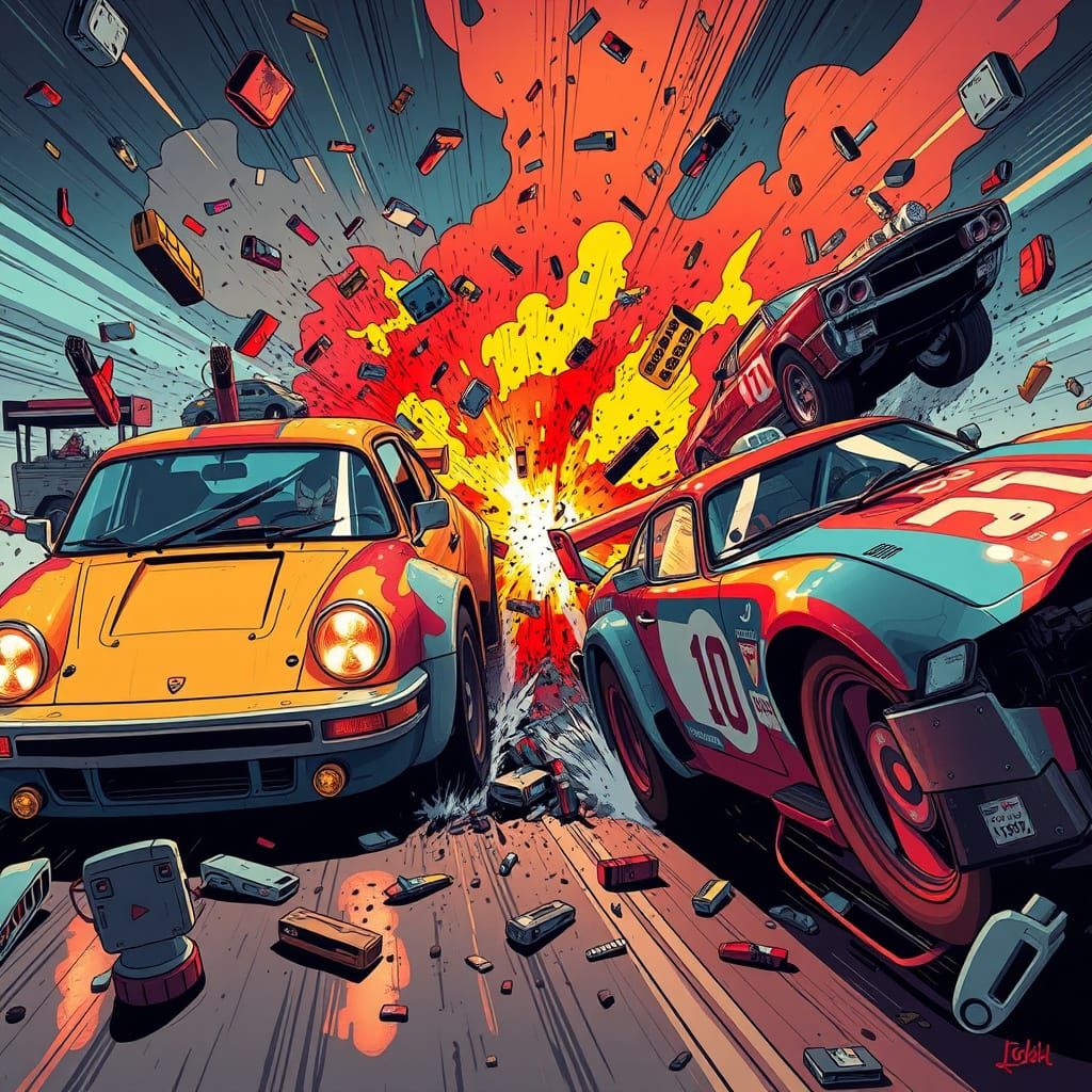 Intense Race Car Crash in Futuristic Comic Style