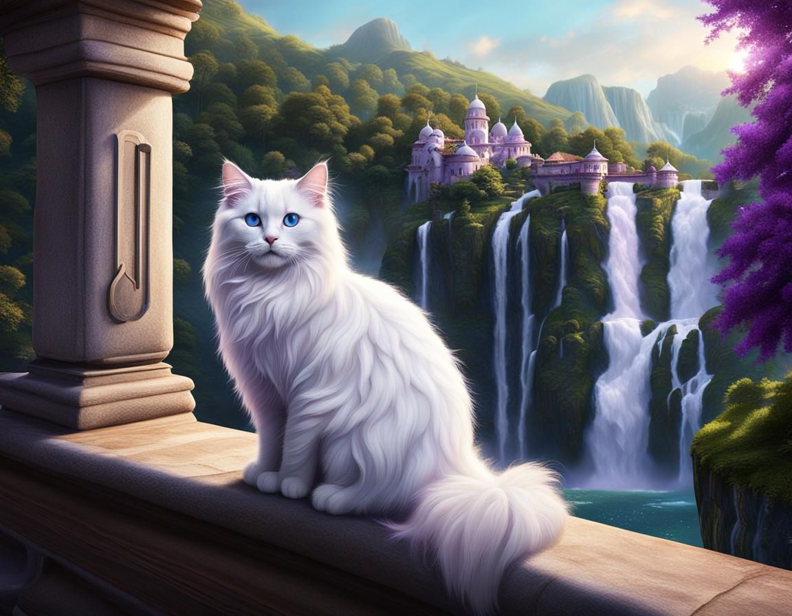 Angora Cat with Purple Eyes and Waterfall View