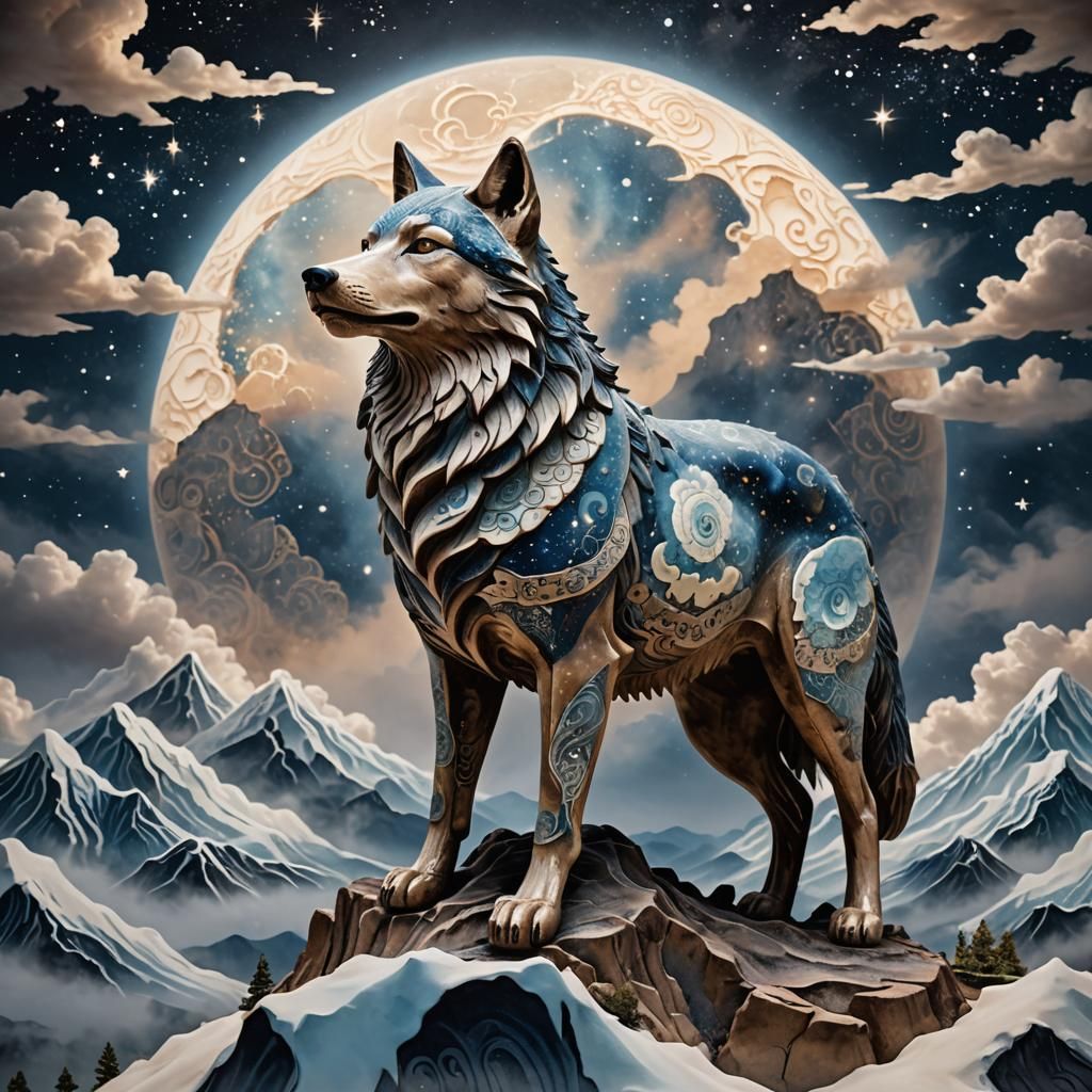 Earthenware Wolf on Starry Peak: Fantasy Concept Art