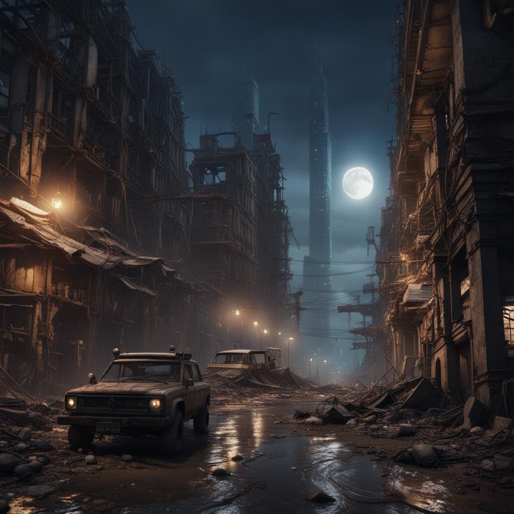 Post-Apocalyptic City Under Moonlight: Detailed Matte Painti...