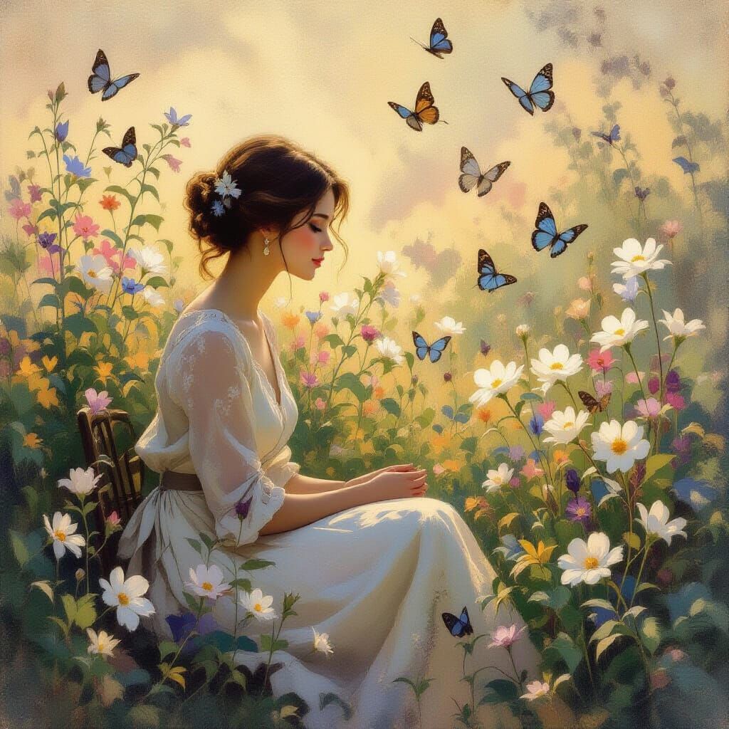 Woman Contemplating Garden at Dawn, Impressionist Style