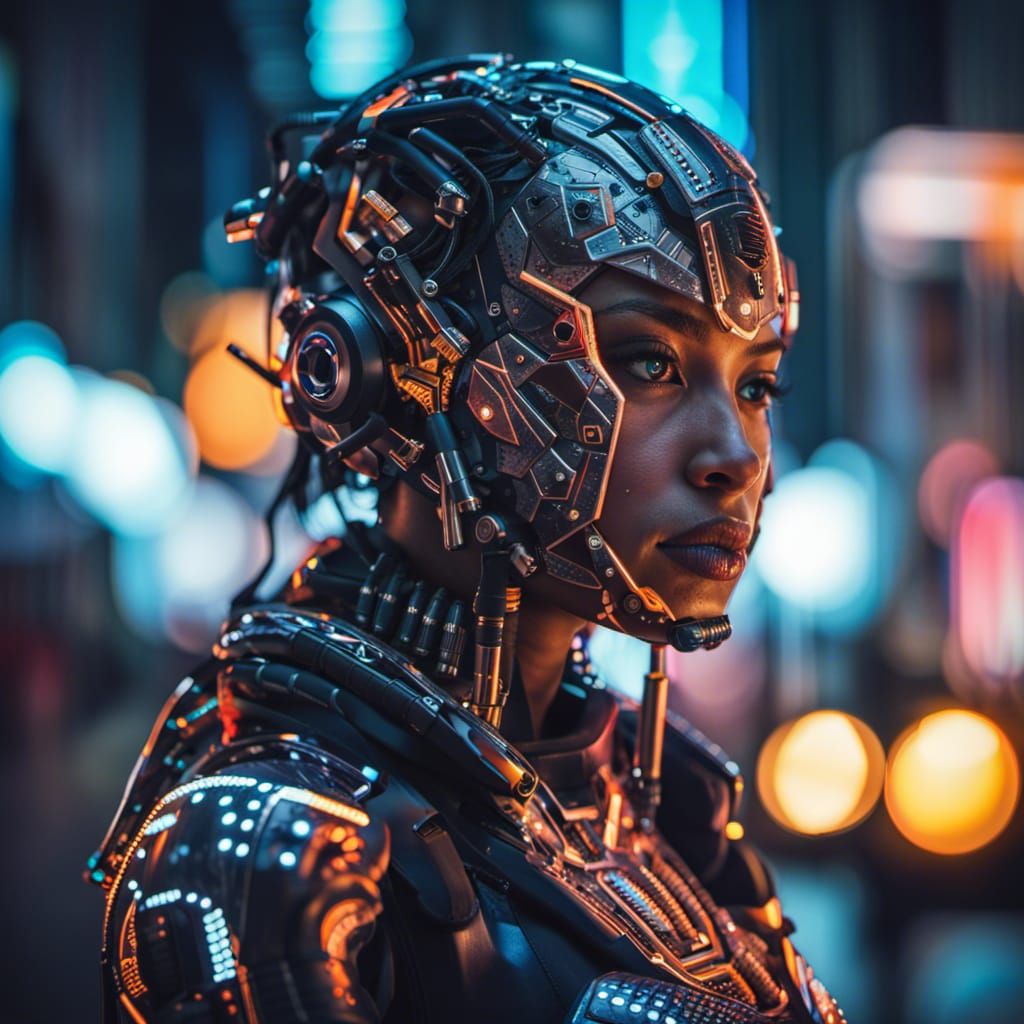 Cyborg Girl in Neon City: Hyperrealistic Portrait