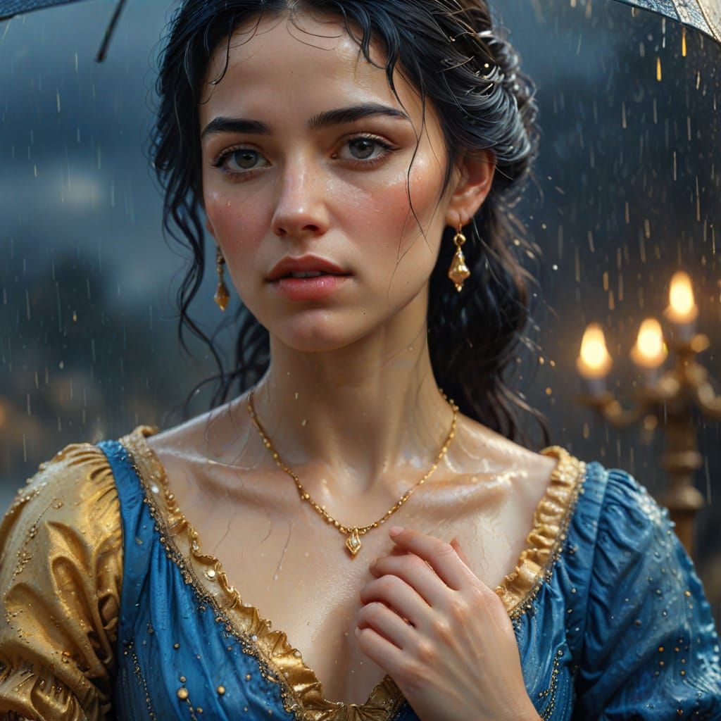Baroque Portrait of Woman in Rain, Oil Painting