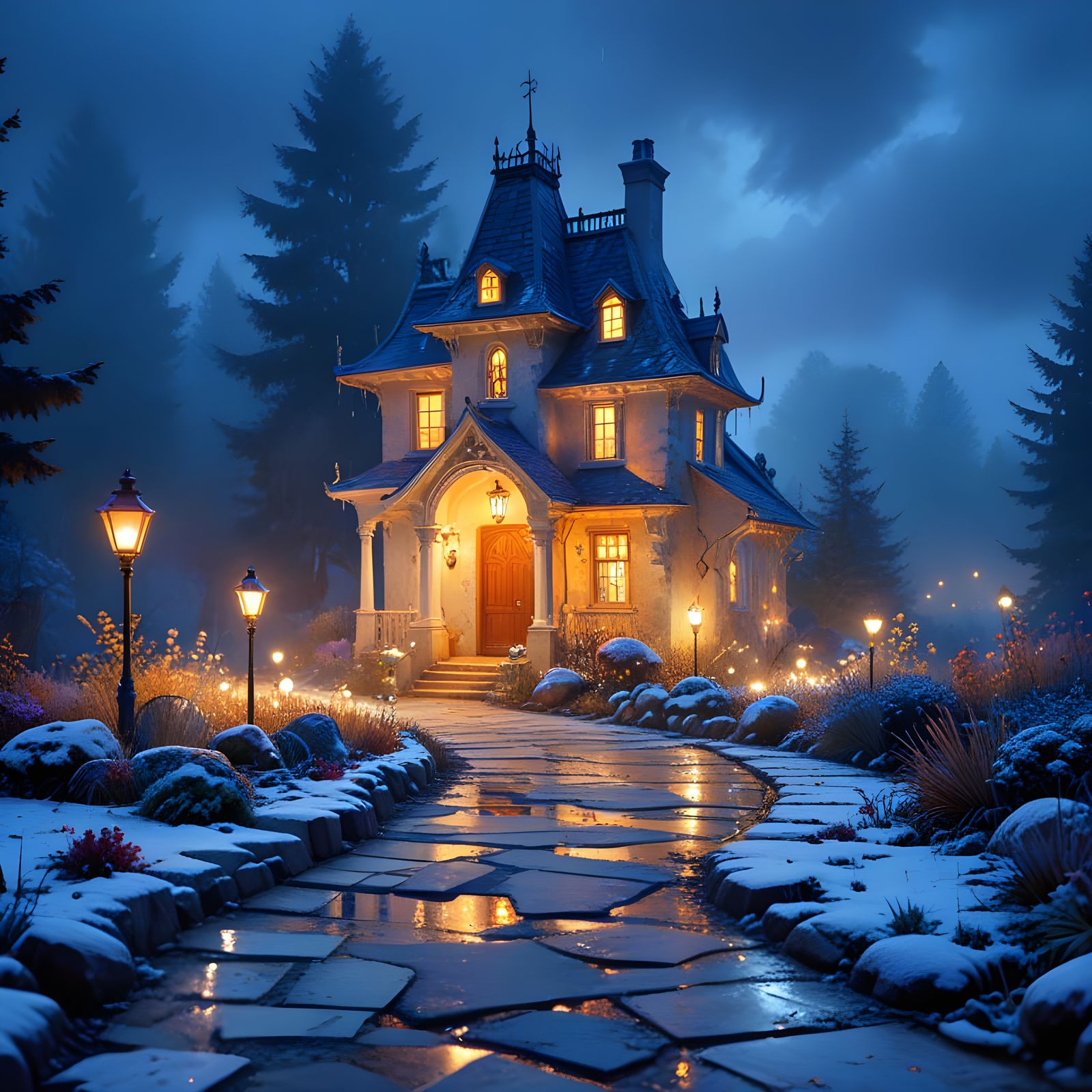 Misty Winter Cottage in Watercolor Style