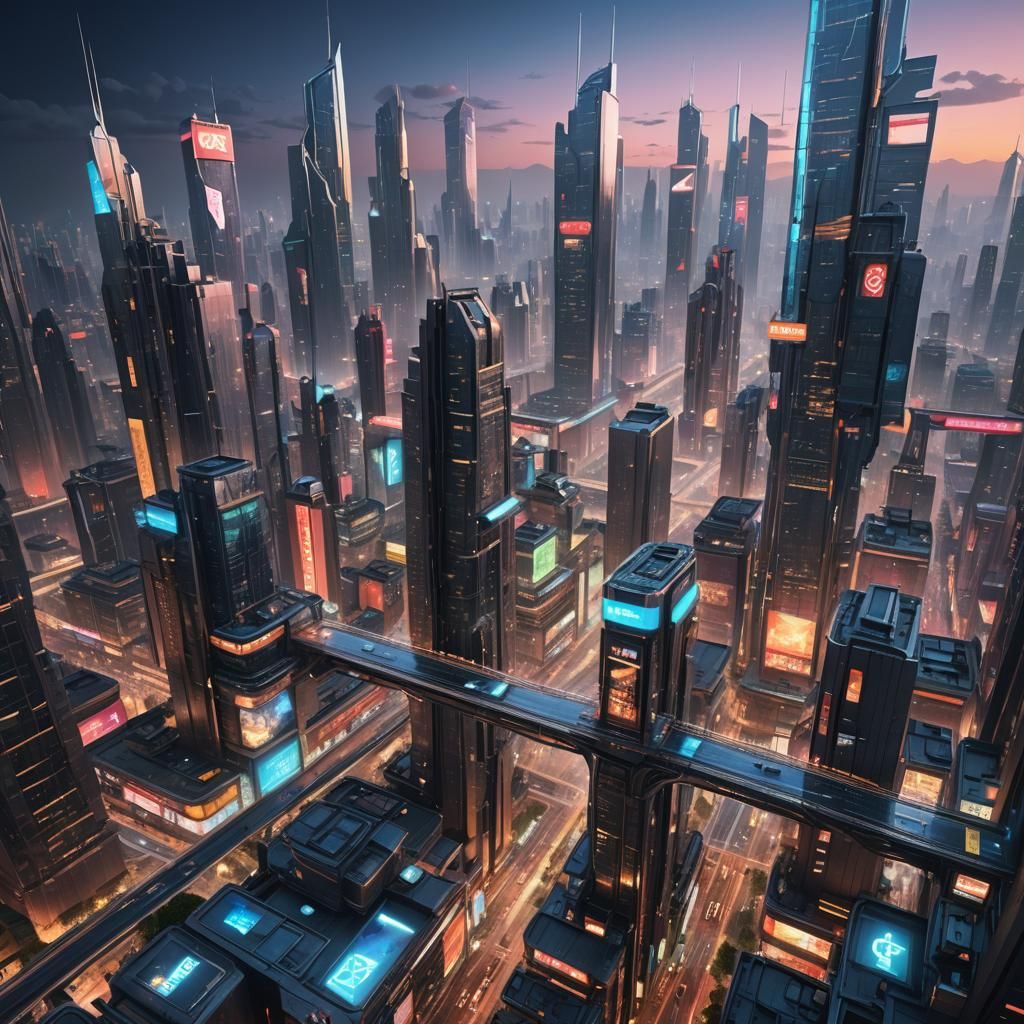 Futuristic Cityscape with Neon and Sky Bridges
