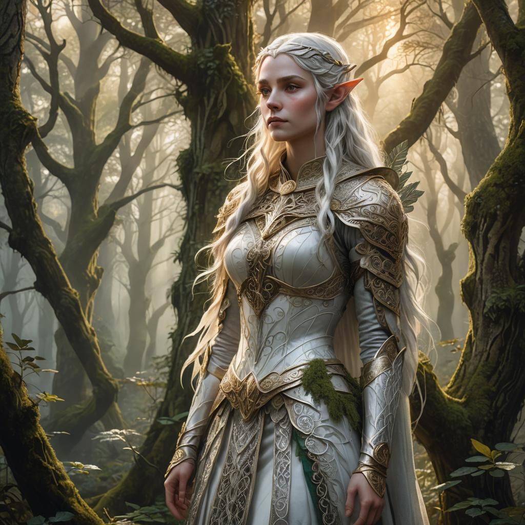 Ethereal White Elf Maiden in Misty Forest