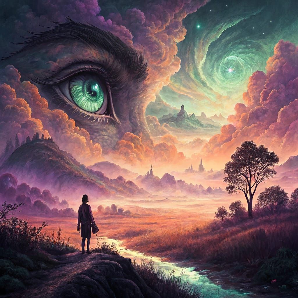 Monochrome Watercolor Dreamscape with Luminous Eyes in Sky