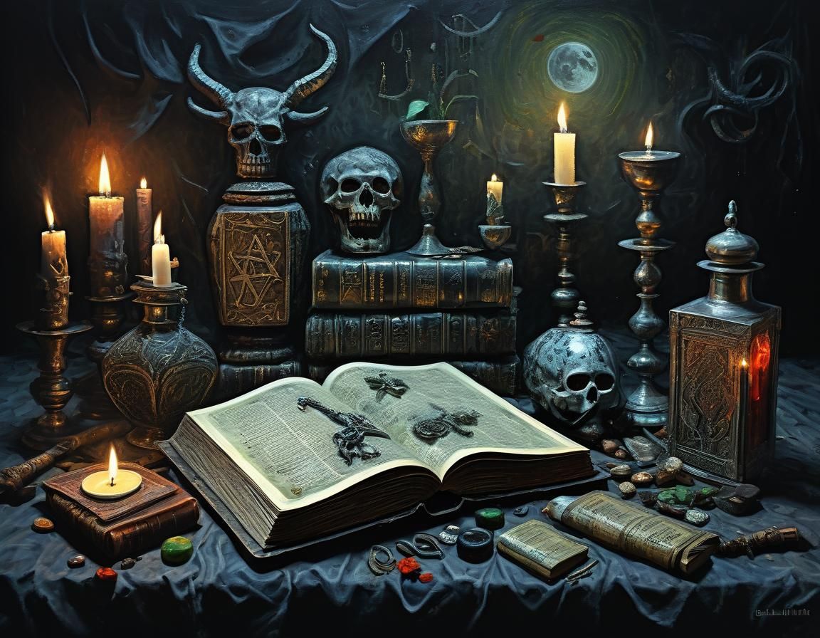 Mystical Book in Horror Scene: Oil Painting