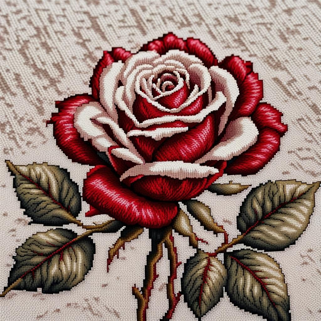 Hyperrealistic Needlepoint of a Red Rose
