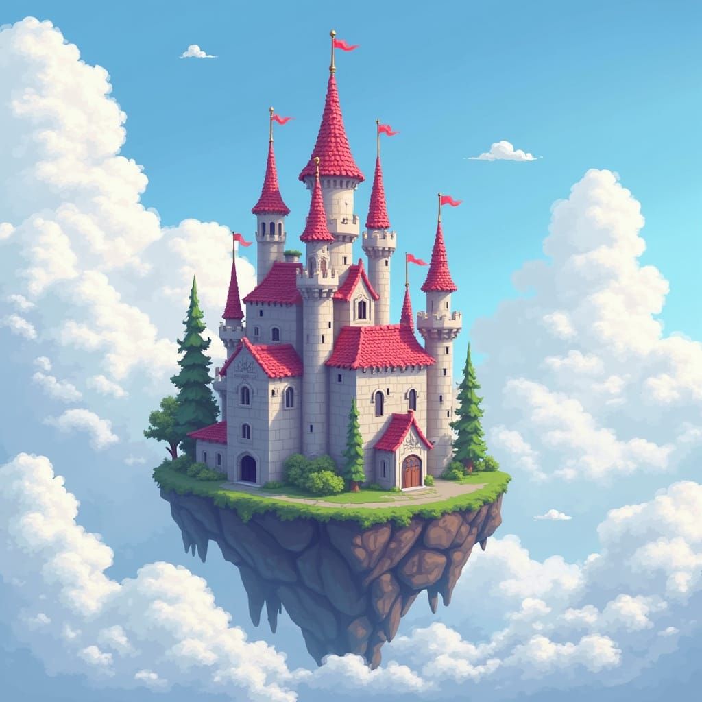 Floating Castle Amidst the Clouds in Pixel Art