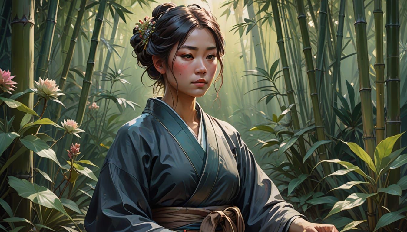 Zen Millennial in Bamboo Garden: Sumi-e Ink Painting