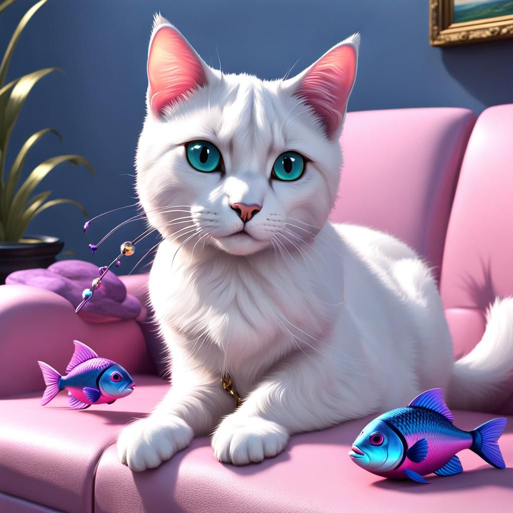 Playful Cat on Blue Sofa, Hyperdetailed Concept Art