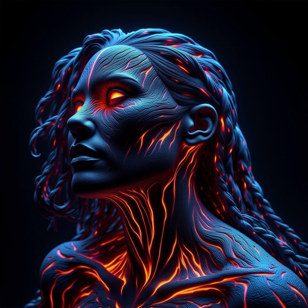 Volcanic Skin with Molten Veins and Cosmic Hair