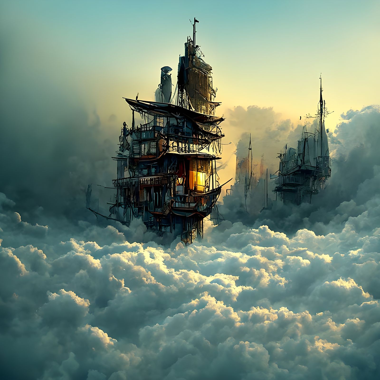 Dystopian Apartments Atop Cloud Ship, Digital Painting