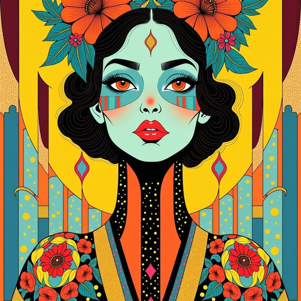 Floral Demon Tiefling in Art Deco Comic Style