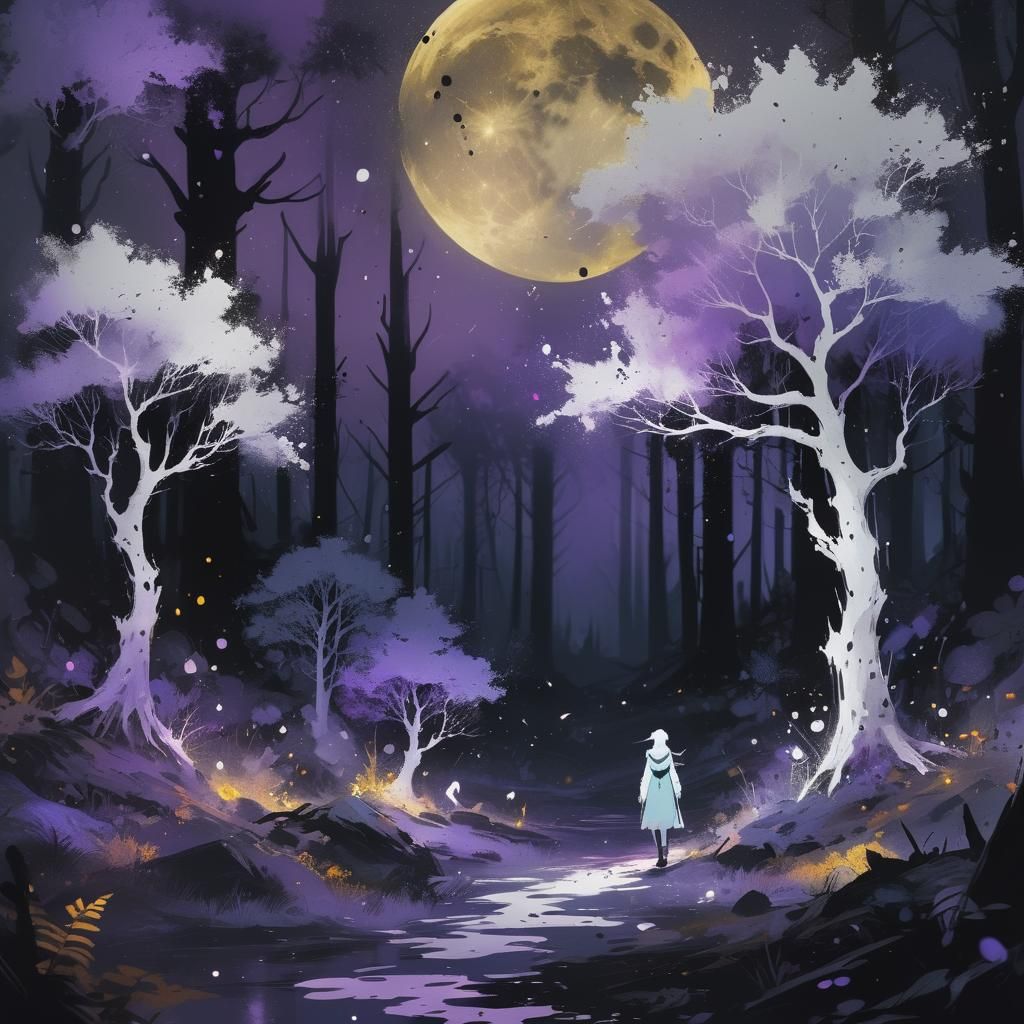 Splatter Ink Art of Dark Forest at Night