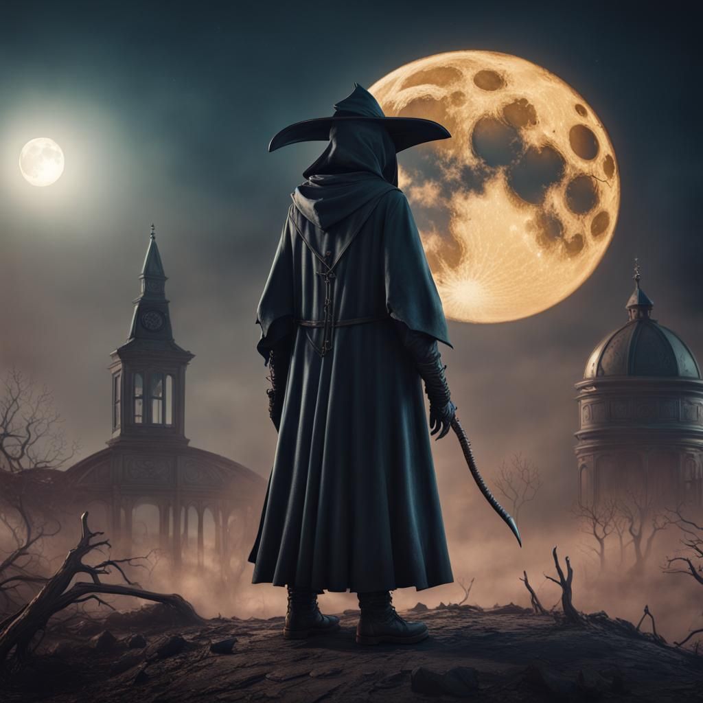 Eerie Plague Doctor Gazing at Moon, Detailed Digital Paintin...