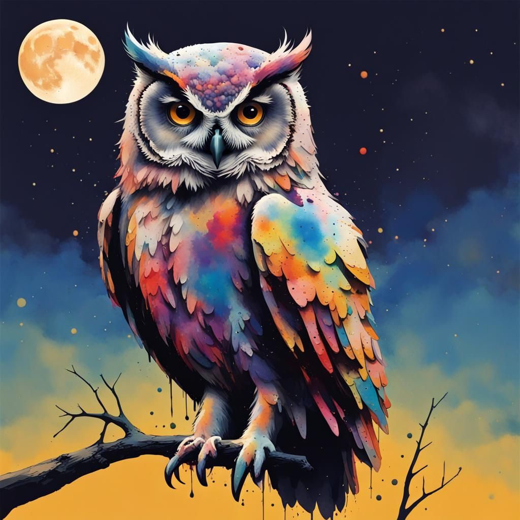 Ink Splatter Owl in Front of Harvest Moon