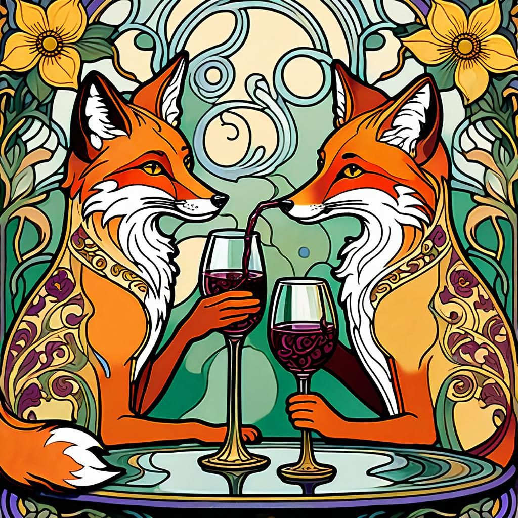 Elegant Foxes Share Wine in Alfonso Mucha Style Masterpiece