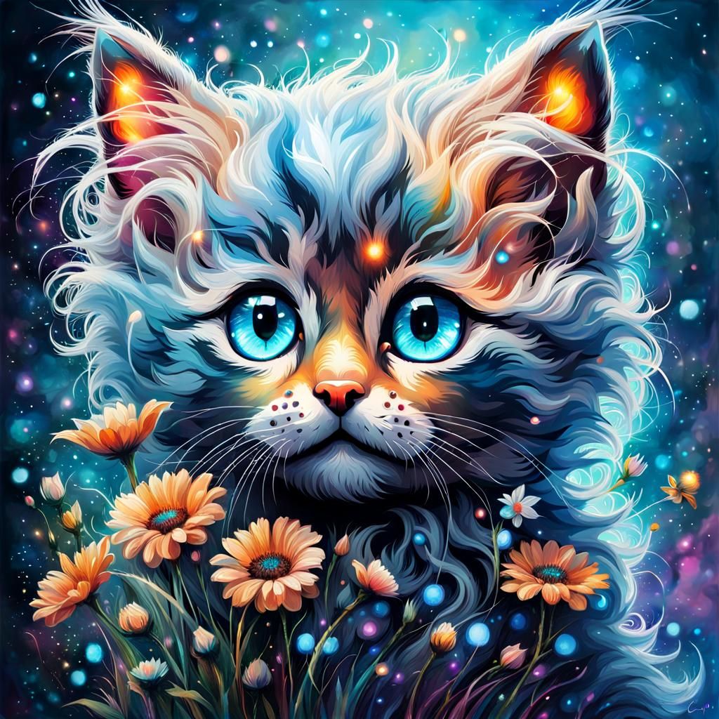 Adorable Space Kitten with Glowing Eyes, Digital Art
