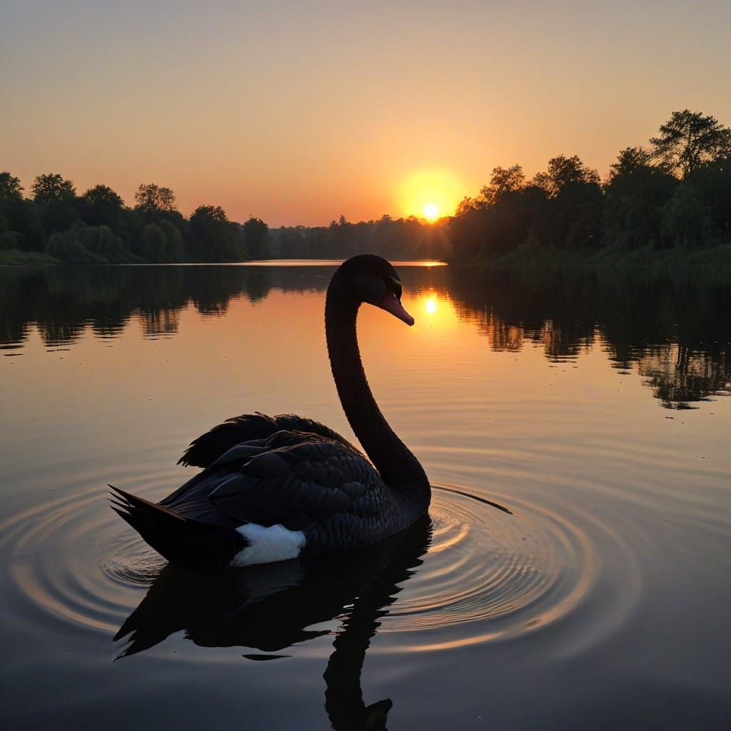 Elegant Black Swan Glides Across Sunset Lake