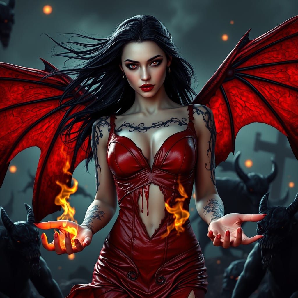 Gothic Vampire Goddess Confronts Demons in Hellish Landscape