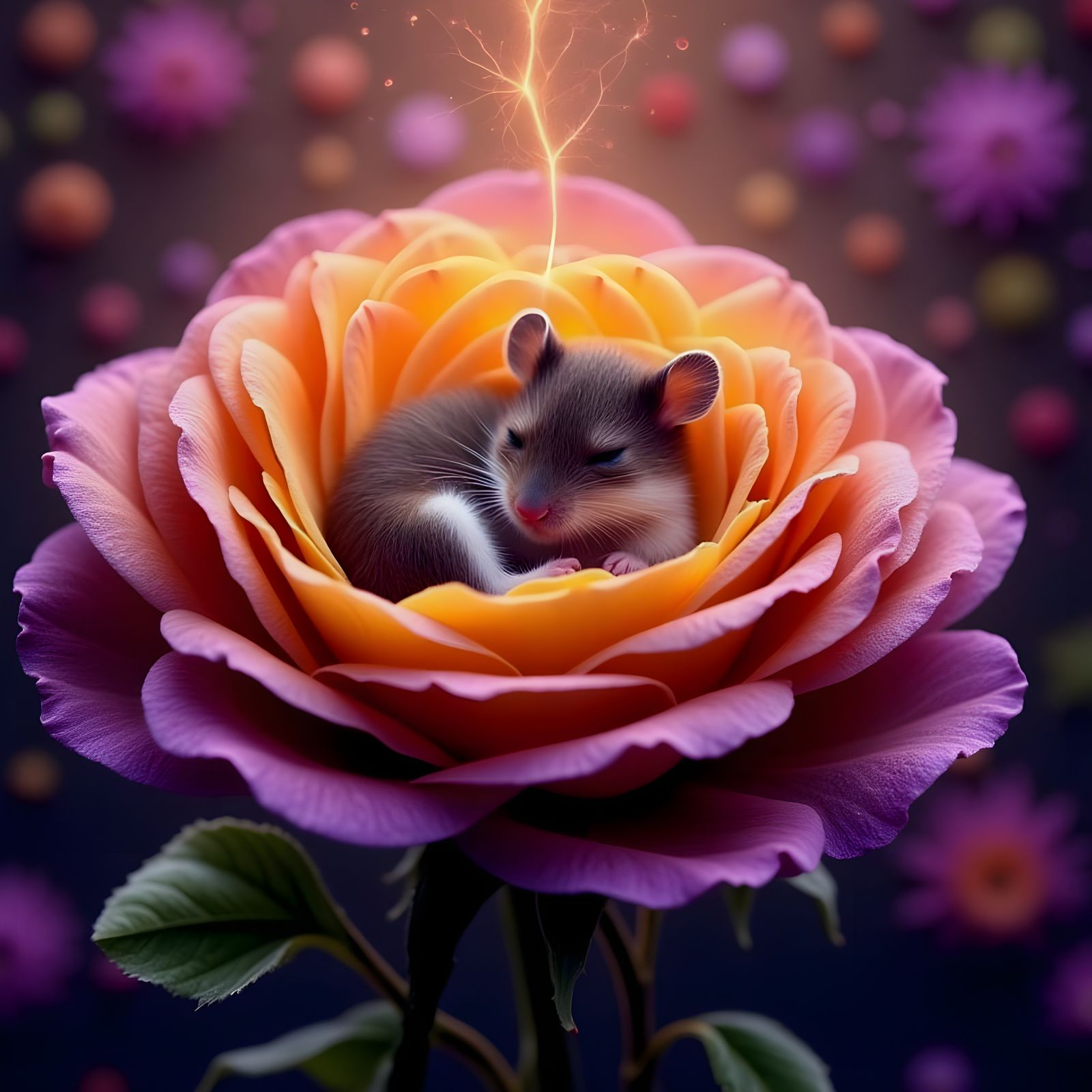 Adorable Mouse Sleeps in Giant Purple Rose with Light Effect...