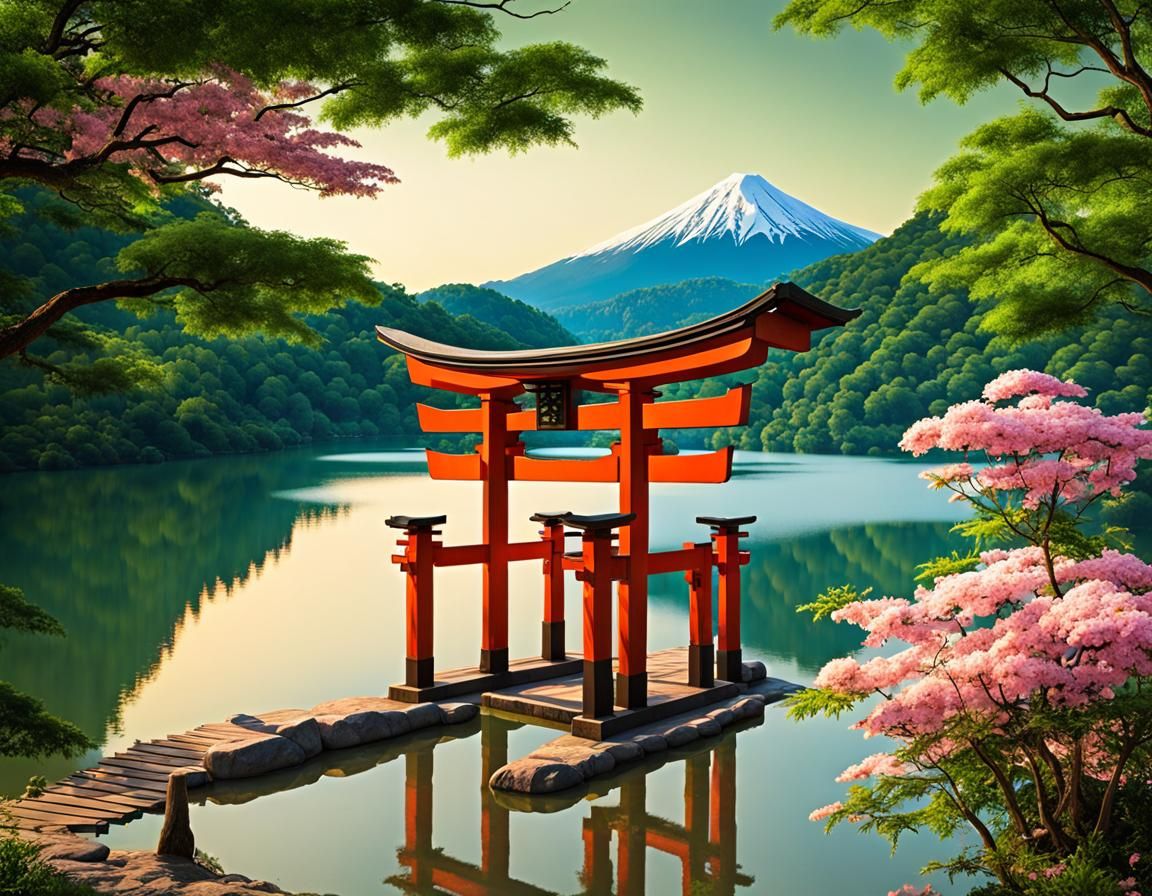 Torii Gate in Forest at Sunset with Mountains