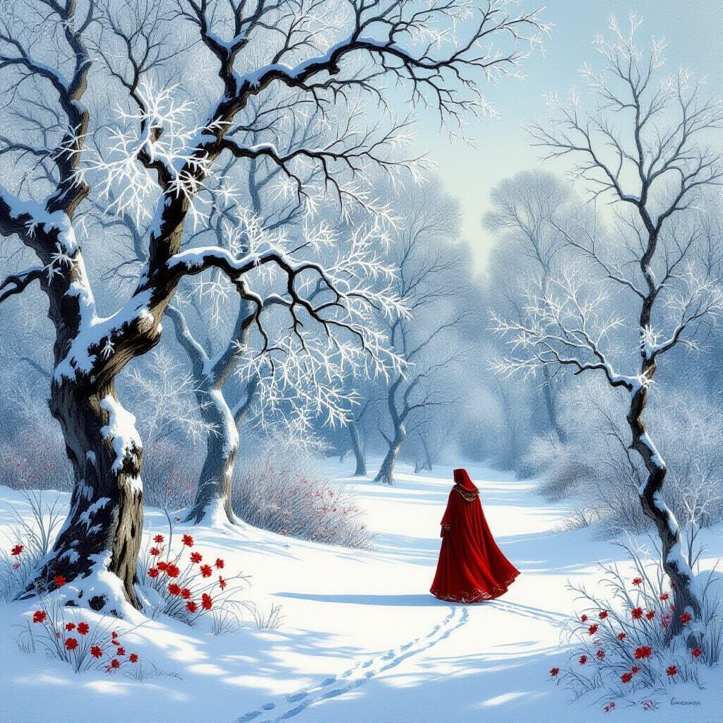 Serene Winter Landscape with Frosty Trees and Flowers