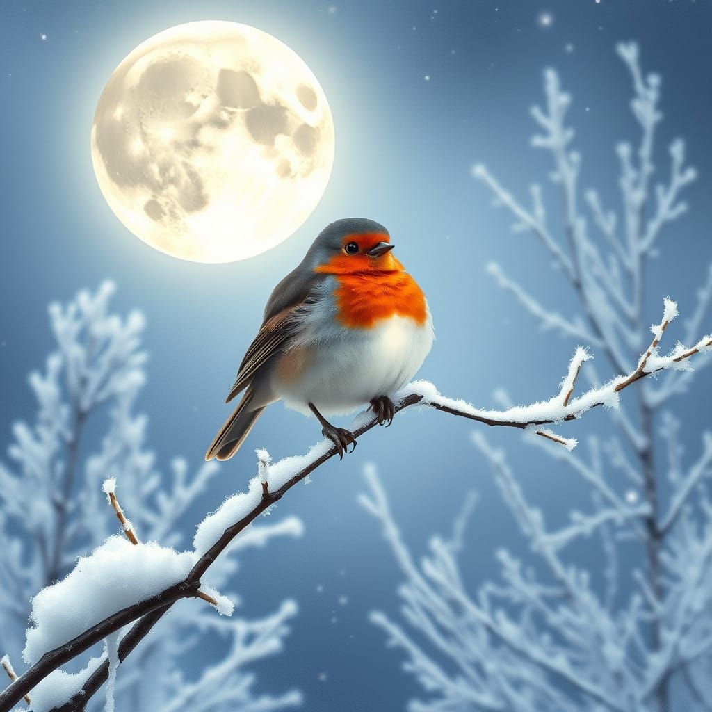 Winter Robin's Serene Moonlit Perch