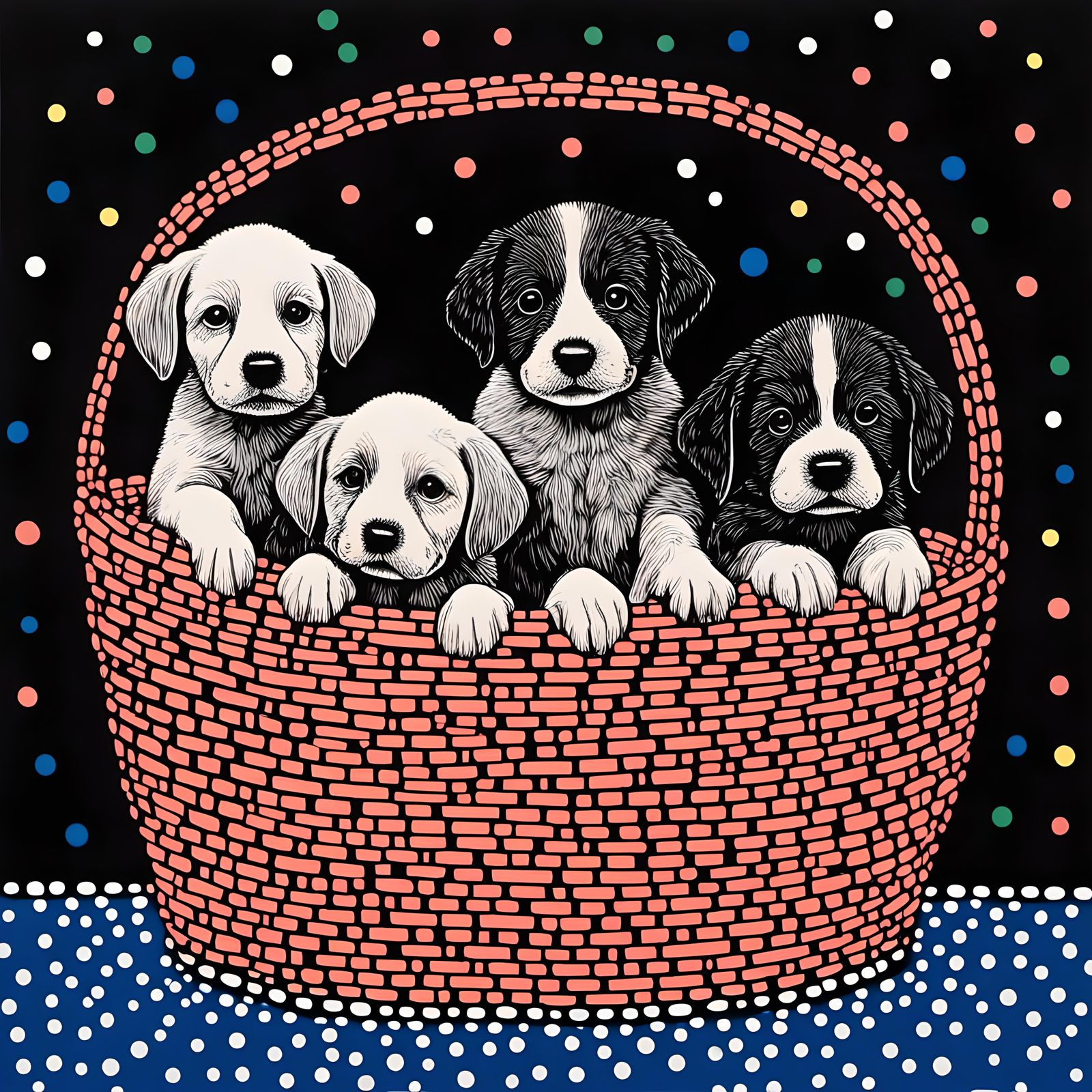Neon Puppies in a Basket on Black
