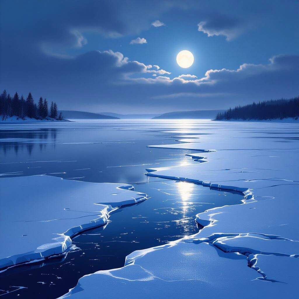Ethereal Moonlight on Frozen Lake Landscape