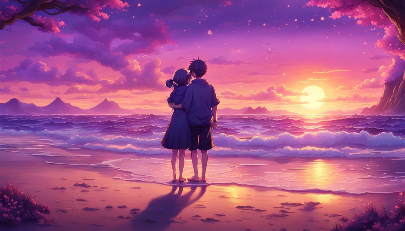 Anime Couple Embrace on Sunset Beach