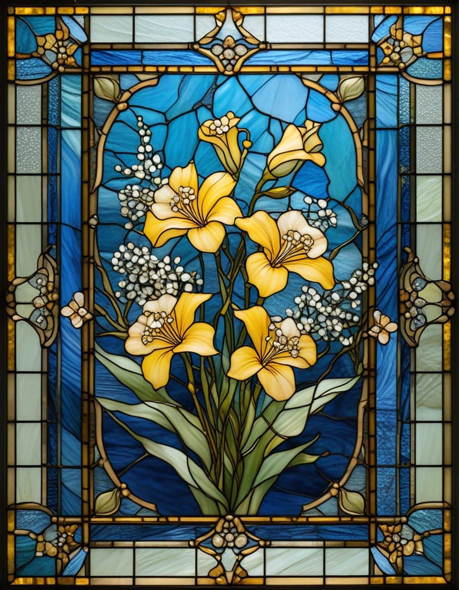 Victorian Stained Glass Art: Yellow Tuberos Flowers